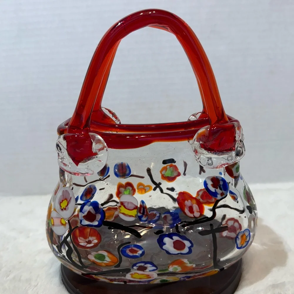 Hand blown Murano style glass purse/bowl with Millefiori design